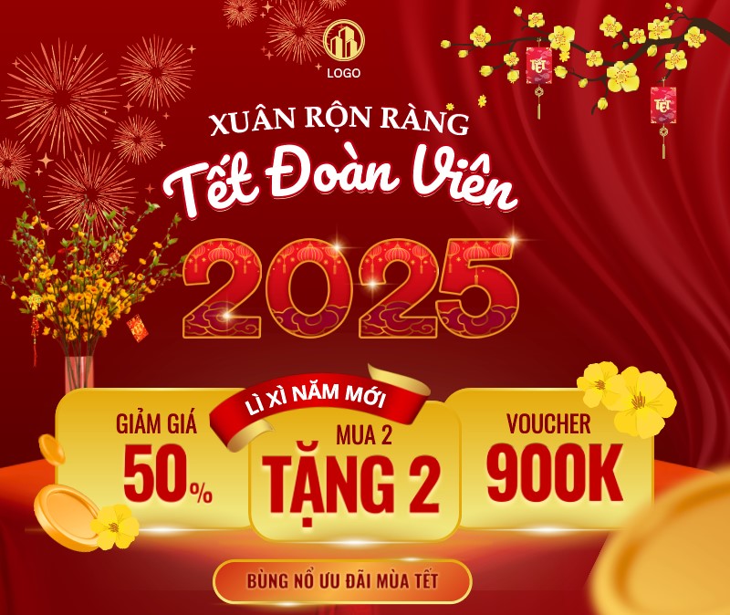 Product sale promote xuân rộn ràng tết đoàn viên 2025 voucher banner poster social media, khuyến mãi lì xì năm mới poster thương mại điện tử